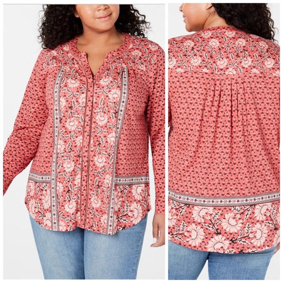 Style & Co. Tops - 0X 1X Style & Co Pink Floral Splitneck Top Plus Sz